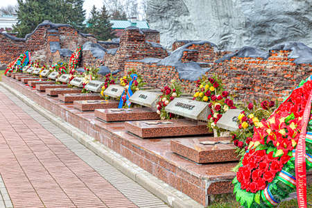 Brest, Republic of Belarus - March 10.2020: Granite slabs with the names of the Hero Cities. On the plates it is written - Murmansk, Tula, Kerch, Novorossiysk, Sevastopol, Odessaのeditorial素材