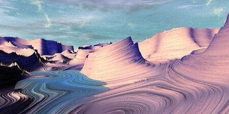 Fantasy alien planet. Mountain and lake. 3D illustration