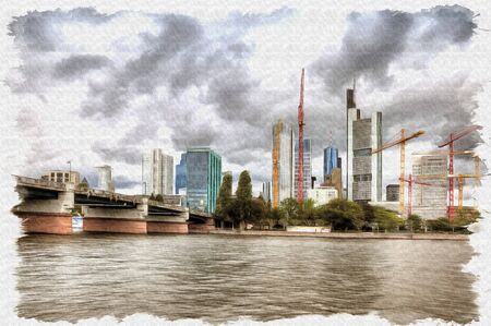Oil paint on canvas. Picture with photo, imitation of painting. Illustration. View of the city and the river Mainの写真素材