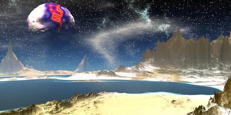Fantasy alien planet. Mountain and lake. 3D illustration