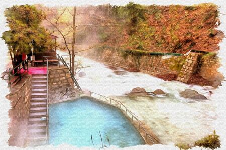Oil paint on canvas. Picture with photo, imitation of painting. Illustration. Termopotamos River. Cascade of artificial waterfalls on the mountain Voras by the thermal sourceの写真素材