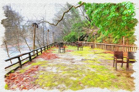 Oil paint on canvas. Picture with photo, imitation of painting. Illustration. Furniture of the closed summer cafe on the riverside Termopotamos next to thermal springの写真素材