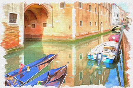 Oil paint on canvas. Picture with photo, imitation of painting. Illustration. Channels in city Venice and swimming on them boatsの写真素材