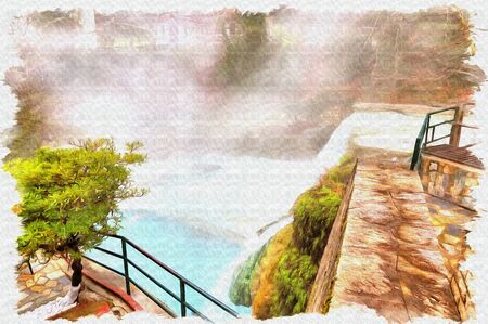 Oil paint on canvas. Picture with photo, imitation of painting. Illustration. Termopotamos River. Cascade of artificial waterfalls on the mountain Voras by the thermal sourceの写真素材