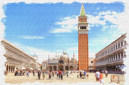 Oil paint on canvas. Picture with photo, imitation of painting. Illustration. Facades of ancient houses and palace on the area of Saint Mark in city Veniceの写真素材