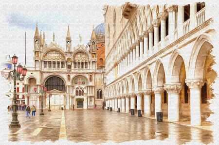 Oil paint on canvas. Picture with photo, imitation of painting. Illustration. Fragment of the facade of an ancient palace is in city Veniceの写真素材