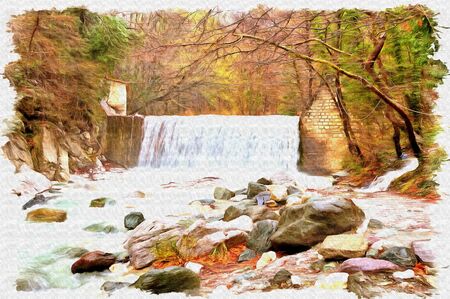 Oil paint on canvas. Picture with photo, imitation of painting. Illustration. Termopotamos River. Cascade of artificial waterfalls on the mountain Voras by the thermal sourceの写真素材