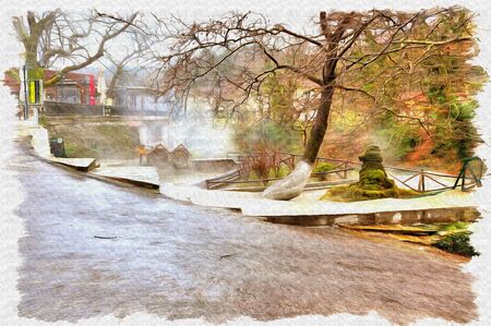 Oil paint on canvas. Picture with photo, imitation of painting. Illustration. River Ð¢ermopotamos. Embankment of the river next to the thermal springの写真素材