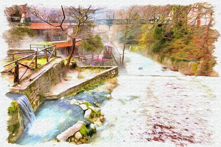 Oil paint on canvas. Picture with photo, imitation of painting. Illustration. Termopotamos River. Cascade of artificial waterfalls on the mountain Voras by the thermal sourceの写真素材