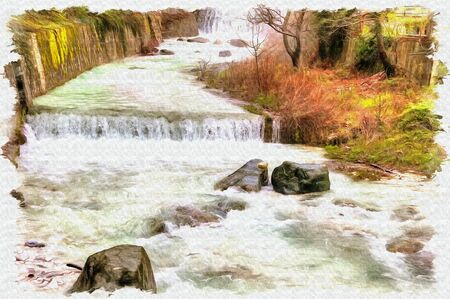 Oil paint on canvas. Picture with photo, imitation of painting. Illustration. Termopotamos River. Cascade of artificial waterfalls on the mountain Voras by the thermal sourceの写真素材