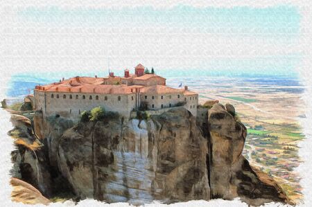 Oil paint on canvas. Picture with photo, imitation of painting. Illustration. Monastery on the top...