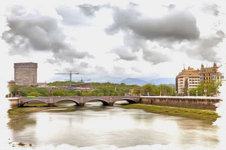 Picture from a photo. Oil paint. Imitation. Illustration. Urumea River, aleak on a city San Sebastian. Spainの写真素材