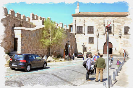 Picture from a photo. Oil paint. Imitation. Illustration. The historic center of the medieval city. Spain. Avilaの写真素材