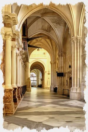 Picture from a photo. Oil paint. Imitation. Illustration. Cathedral in the city of Burgos was founded in 1221. The main Catholic church of Castileの写真素材