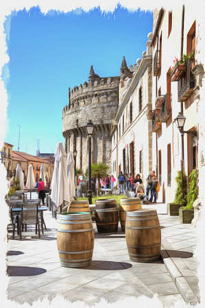Picture from a photo. Oil paint. Imitation. Illustration. The historic center of the medieval city. Spain. Avilaの写真素材