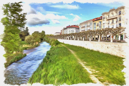 Picture from a photo. Oil paint. Imitation. Illustration. Arlanzon river divides the ancient town of the historic district and the modern neighborhoods. Spain. Burgos. Spain. Burgos  の写真素材