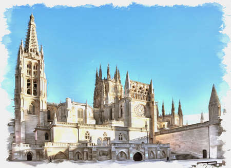 Picture from a photo. Oil paint. Imitation. Illustration. Cathedral in the city of Burgos was founded in 1221. The main Catholic church of Castileの写真素材