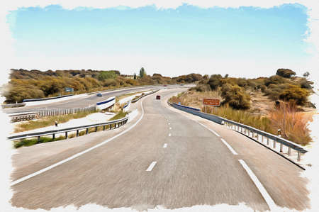 Picture from a photo. Oil paint. Imitation. Illustration. A highway is in central part of countryの写真素材