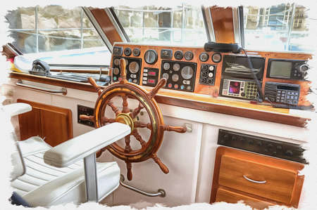 Picture from a photo. Oil paint. Imitation. Illustration. Panel with devices and steering wheel of excursion cutterの写真素材