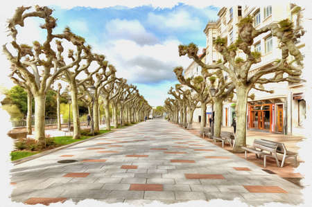 Picture from a photo. Oil paint. Imitation. Illustration. Wide boulevard on the embankment of the river Arlanzon. Spain. Burgosの素材 [FY310150647211]