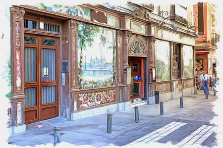 Picture from a photo. Oil paint. Imitation. Illustration. Facade of the famous cafe where putting on a show of Flamenco. Spain. Madridの写真素材