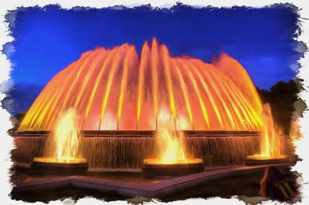 Picture from a photo. Oil paint. Imitation. Illustration. View of the singing fountains of MontjuÃ¯c, landmark of the cityの写真素材