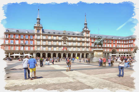 Picture from a photo. Oil paint. Imitation. Illustration. Plaza Mayor, the facade of the old buildings, the sculpture of King Philip and a crowd of tourists. Spain. Madridの写真素材