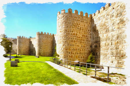 Picture from a photo. Oil paint. Imitation. Illustration. The historic center of the medieval city. Spain. Avilaのeditorial素材