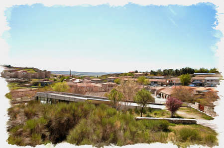 Picture from a photo. Oil paint. Imitation. Illustration. Famous urban wall and outskirts of medieval city Avilaのeditorial素材