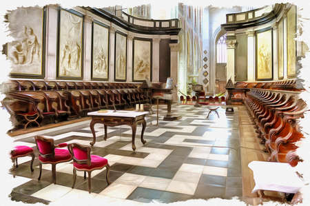 Picture from a photo. Oil paint. Imitation. Illustration. Interior of ancient catholic cathedral of Saint Bavo is in city Ghentのeditorial素材