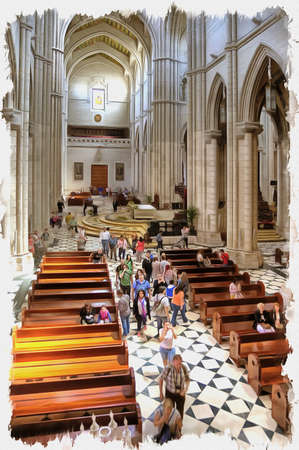 Picture from a photo. Oil paint. Imitation. Illustration. Santa MarÃ­a la Real de La Almudena is the Catholic cathedral in Madridのeditorial素材