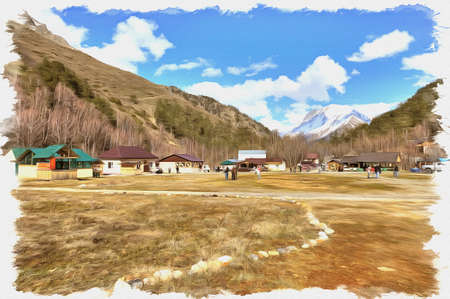Oil paint on canvas. Picture with photo, imitation of painting. Illustration. Modern building in a valley on a background mountainsの写真素材