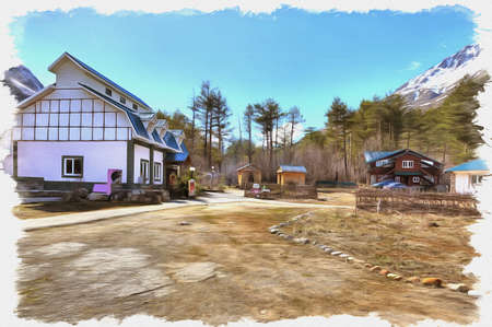 Oil paint on canvas. Picture with photo, imitation of painting. Illustration. Modern building in a valley on a background mountainsの写真素材
