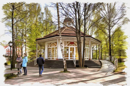 Picture from a photo. Oil paint. Imitation. Illustration. City resort in the Kaliningrad region. The pump room (well room) in Lenin streetの写真素材