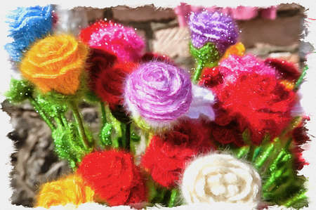 Oil paint on canvas. Picture with photo, imitation of painting. Illustration. Artificial flowers knitted from woolen threadsの写真素材
