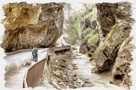 Oil paint on canvas. Picture with photo, imitation of painting. Illustration. Road to the Chegem gorge along the river Chegemの写真素材