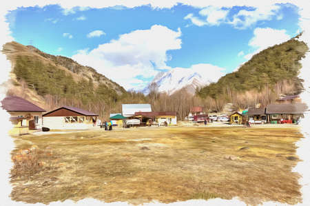 Oil paint on canvas. Picture with photo, imitation of painting. Illustration. Modern building in a valley on a background mountainsの写真素材