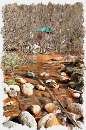 Oil paint on canvas. Picture with photo, imitation of painting. Illustration. Riverbed of brook with mineral water in Valley of Narzanの写真素材