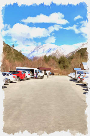 Oil paint on canvas. Picture with photo, imitation of painting. Illustration. Stand for cars and busses and a toilet for touristsの写真素材