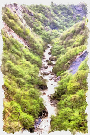 Oil paint on canvas. Picture with photo, imitation of painting. Illustration. Cherek canyon and the river Cherek in the Caucasus Mountainsの写真素材