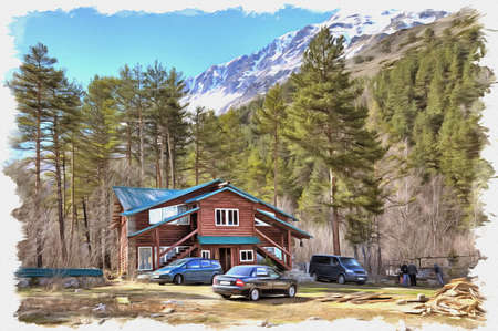 Oil paint on canvas. Picture with photo, imitation of painting. Illustration. Modern building in a valley on a background mountainsの写真素材