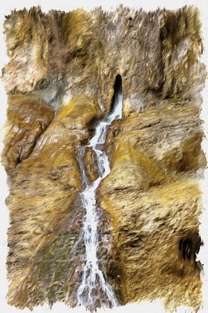 Oil paint on canvas. Picture with photo, imitation of painting. Illustration. Caucasus. Cascade of waterfalls in Chegem canyonの写真素材