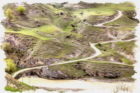 Oil paint on canvas. Picture with photo, imitation of painting. Illustration. River Chegem and road on the slope of mountainの写真素材