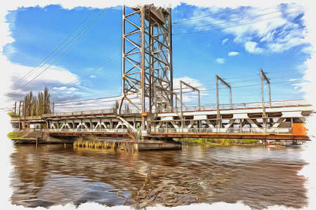 Picture from a photo. Oil paint. Imitation. Illustration. Unique automobile and railway double-deck drawbridge across the Pregolya Riverの写真素材