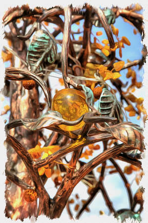 Picture from a photo. Oil paint. Imitation. Illustration. Amazing metal tree with amber leaves and amber fruits on the observation deck of the Primorsky quarry of the Amber Combineの写真素材