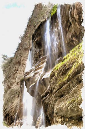 Oil paint on canvas. Picture with photo, imitation of painting. Illustration. Caucasus. Cascade of waterfalls in Chegem canyonの写真素材