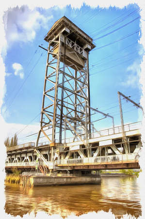 Picture from a photo. Oil paint. Imitation. Illustration. Unique automobile and railway double-deck drawbridge across the Pregolya River in the city of Kaliningradの写真素材