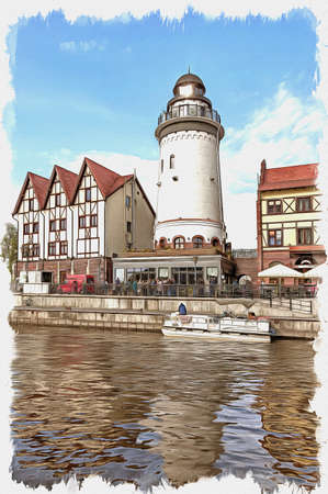 Picture from a photo. Oil paint. Imitation. Illustration. Ethnographic and trade-and-craft center Rybnaya derevnya in the city of Kaliningradの写真素材
