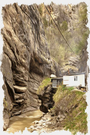 Oil paint on canvas. Picture with photo, imitation of painting. Illustration. A small cafe on the edge of a cliff near the river Chegem in Chegem Gorgeの写真素材