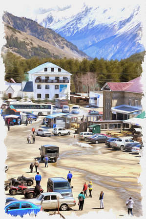 Oil paint on canvas. Picture with photo, imitation of painting. Illustration. Settlement of municipal type of Cheget. Resting place of tourists and skiers near the foot of mountain Chegetの写真素材